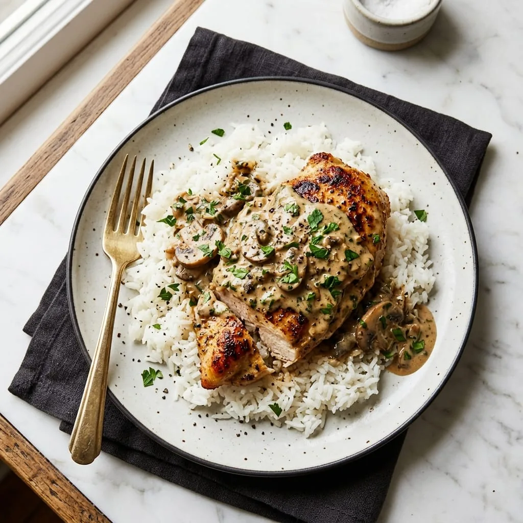 Juicy pan-seared chicken cutlet smothered in creamy mushroom sauce served over rice