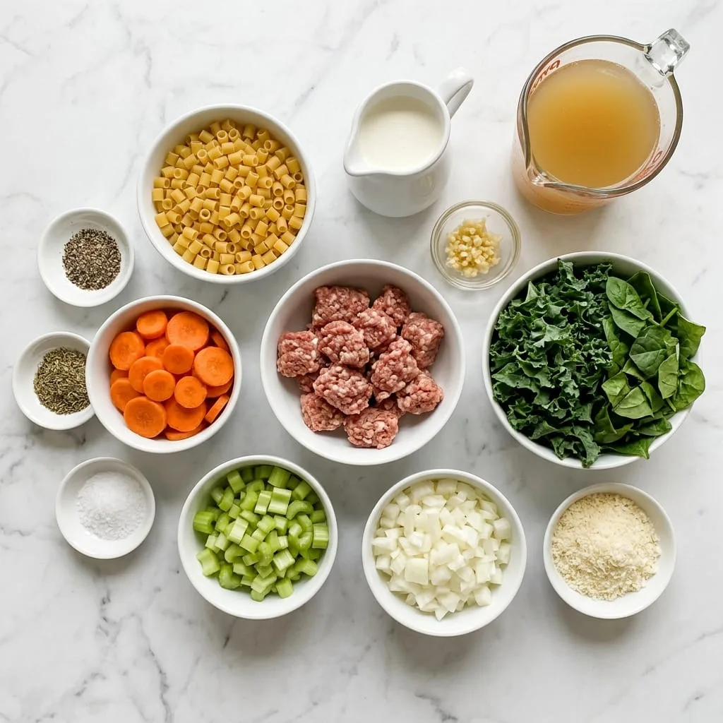 Creamy parmesan Italian sausage ditalini soup ingredients laid out on white marble countertop