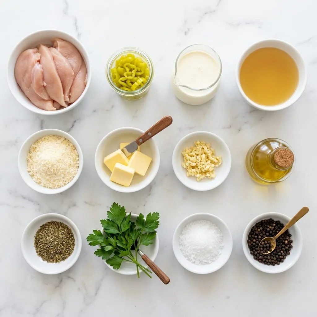 Creamy pepperoncini chicken skillet ingredients laid out on marble countertop
