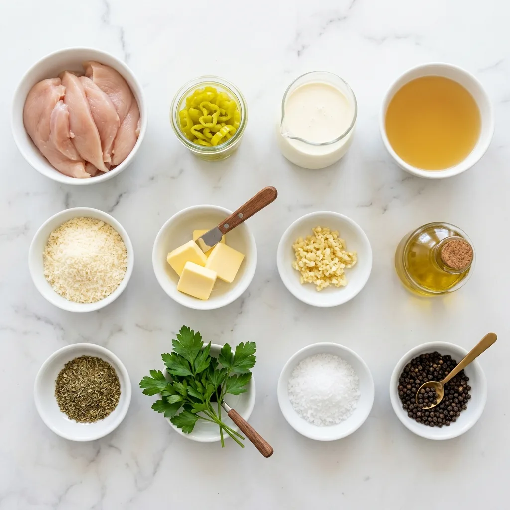 Creamy pepperoncini chicken skillet ingredients laid out on marble countertop