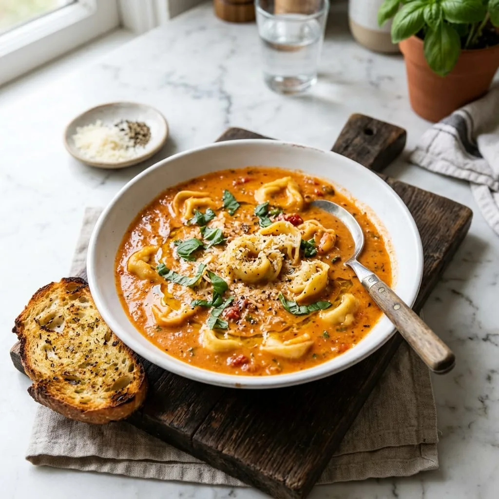 Creamy Tomato Basil Tortellini Soup served in bowl with toasted garlic bread