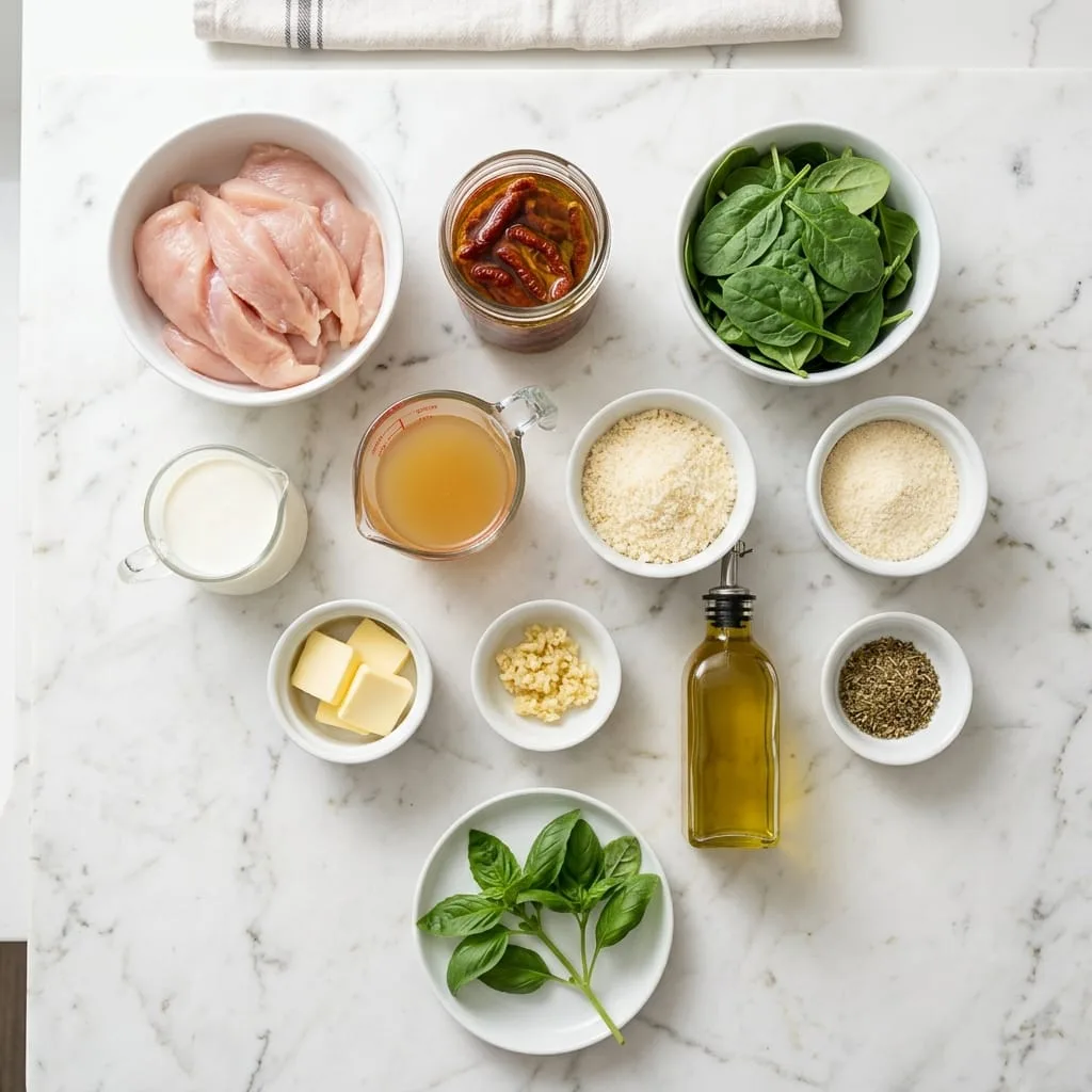 Creamy Tuscan garlic chicken ingredients laid out on white marble countertop