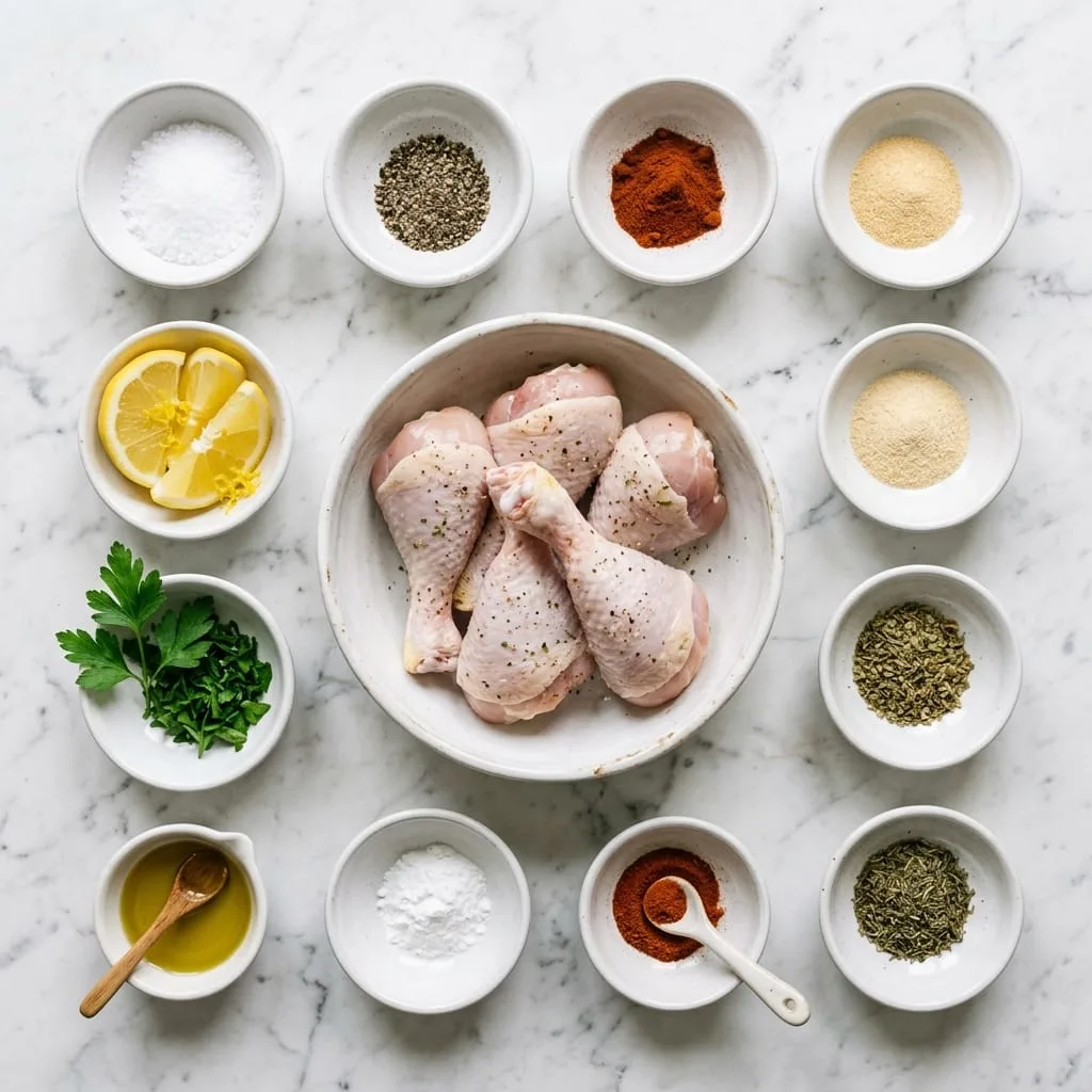 Air fryer chicken legs ingredients laid out on white marble countertop