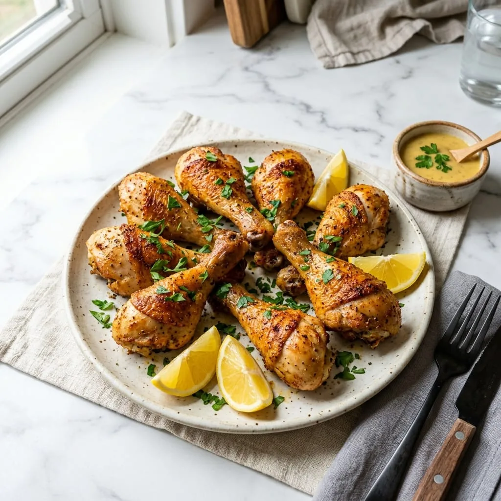 Crispy Air Fryer Chicken Legs served on ceramic platter with lemon wedges and dip