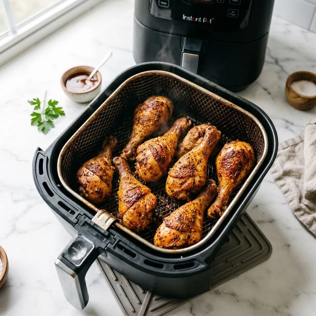 Crispy golden brown chicken drumsticks sizzling hot in air fryer basket