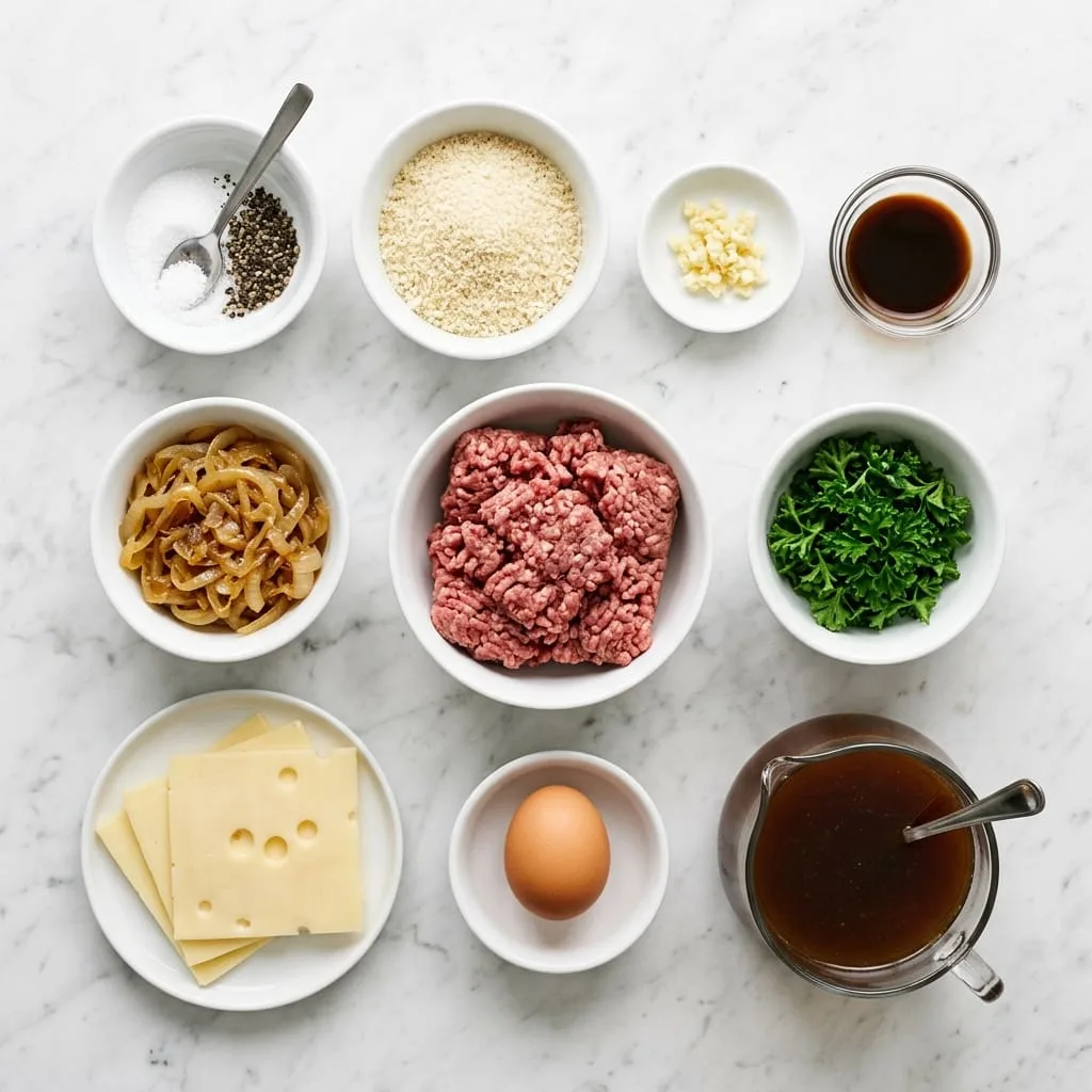 French onion meatloaf ingredients laid out on white marble countertop