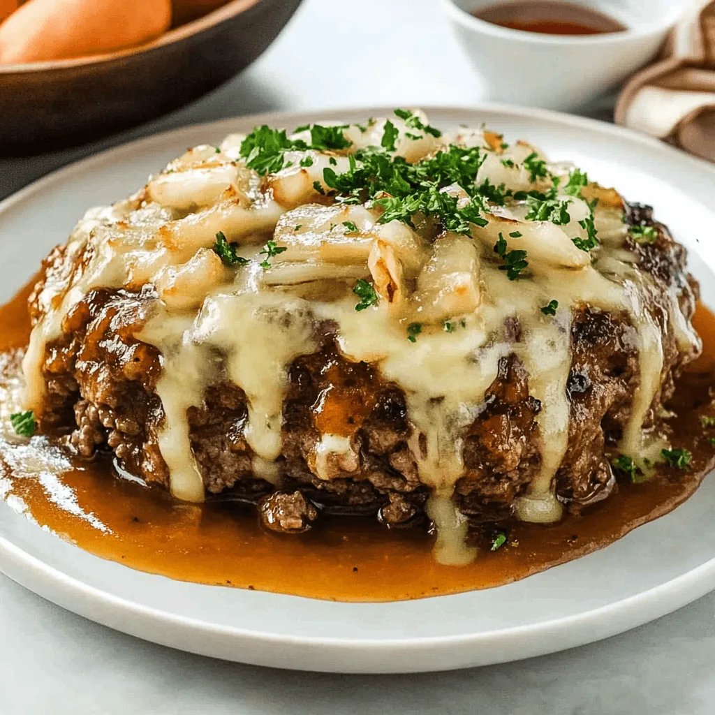 Tender slice of French Onion Meatloaf topped with melted cheese and rich onion gravy