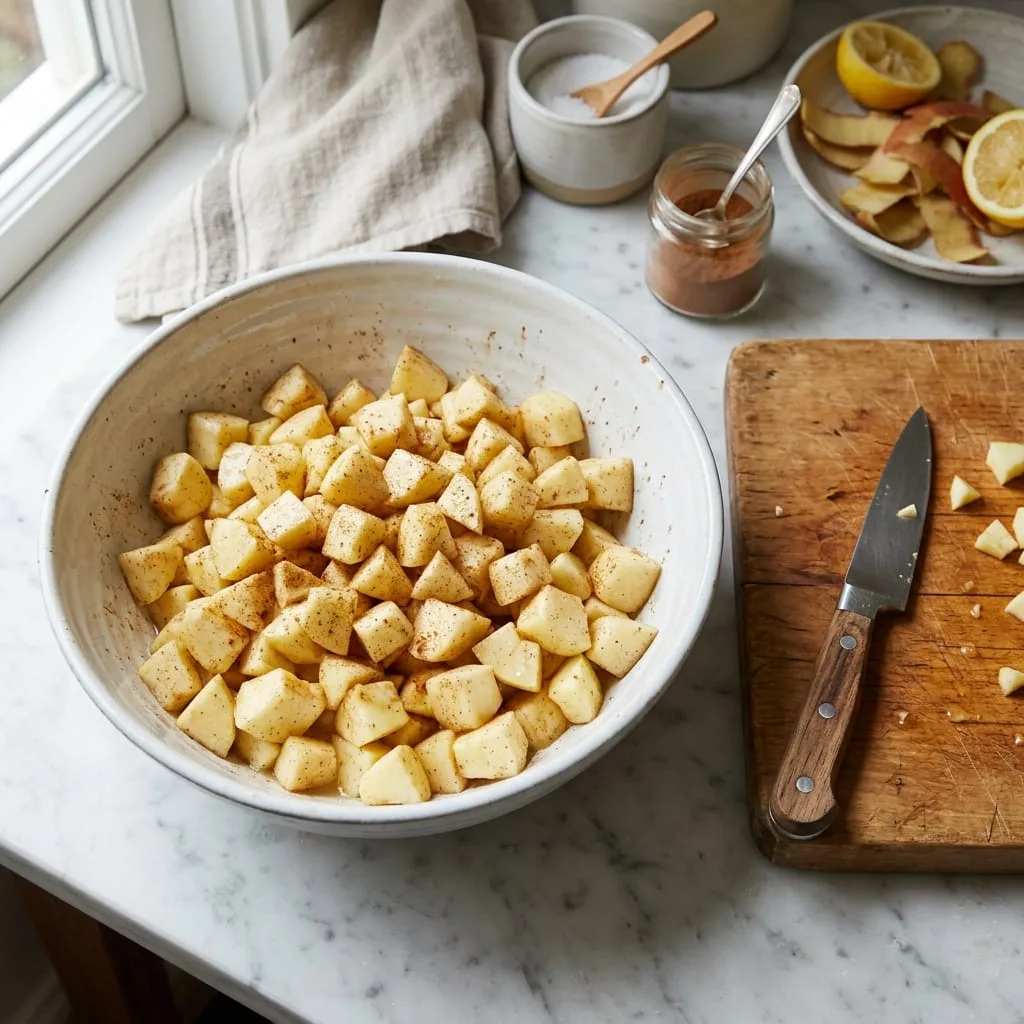 Bowl of peeled diced Honeycrisp and Granny Smith apple chunks tossed in lemon juice