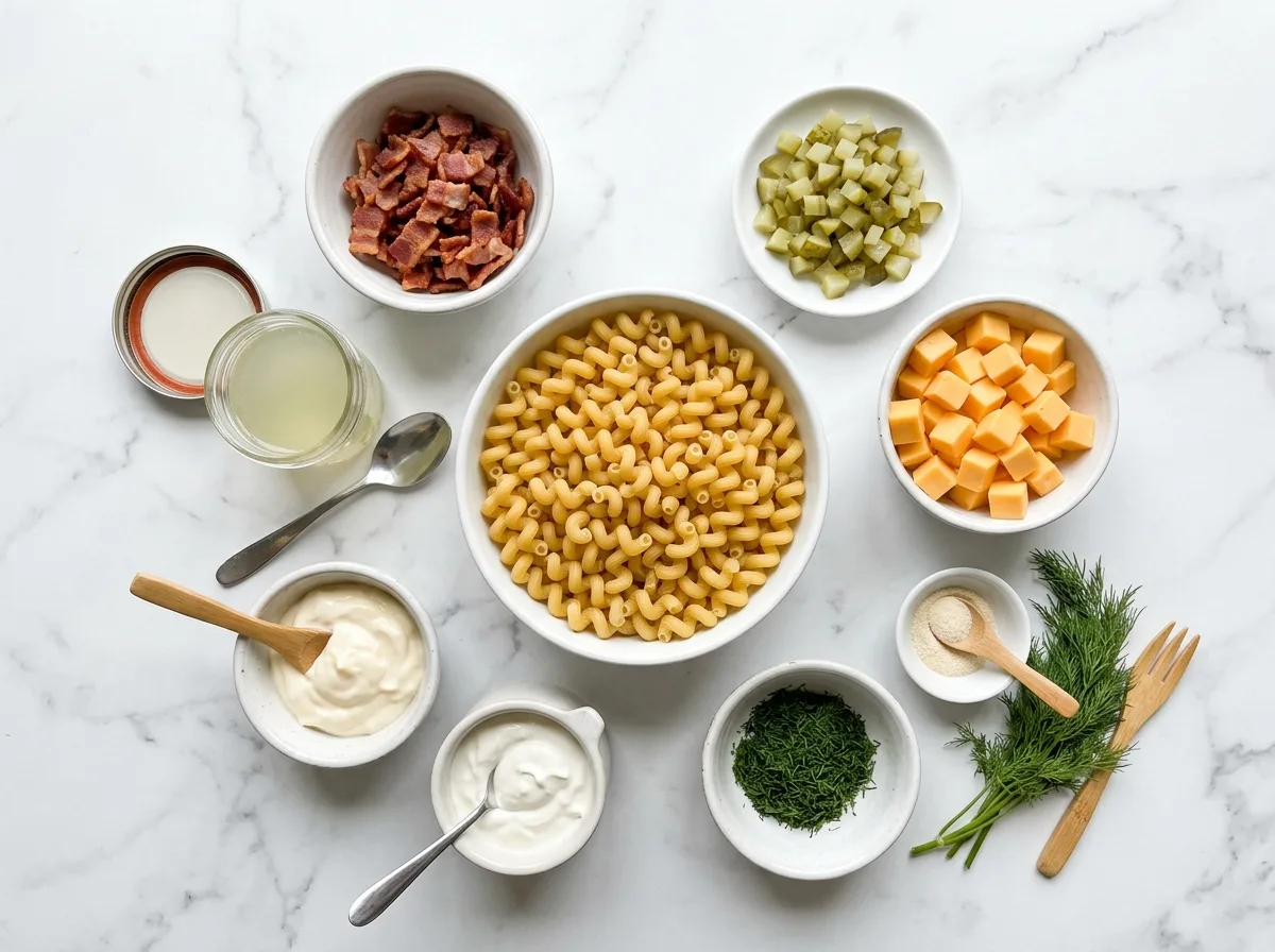 Dill Pickle Bacon Pasta Salad ingredients laid out on white marble counter