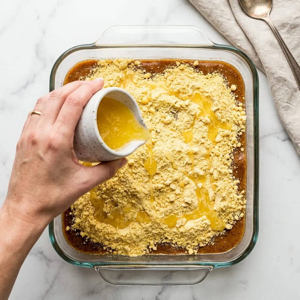 Drizzling melted golden butter over dry cake mix in baking dish