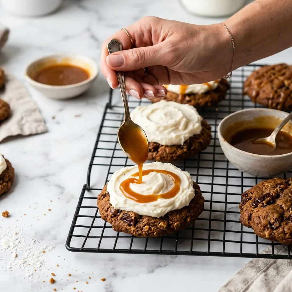 Drizzling golden toffee sauce over vanilla cream cheese frosting on warm cookies