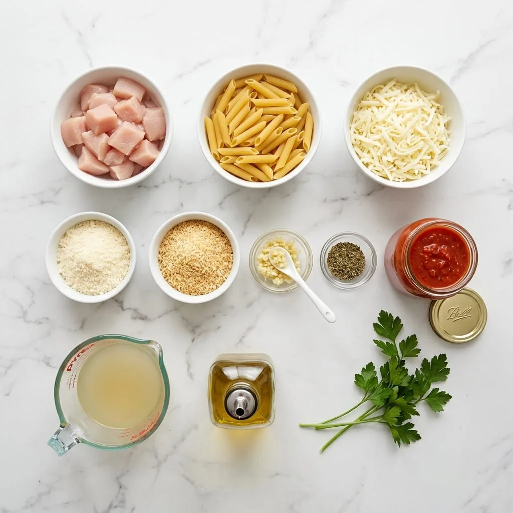 Dump and bake chicken parmesan casserole ingredients laid out in bowls on marble counter