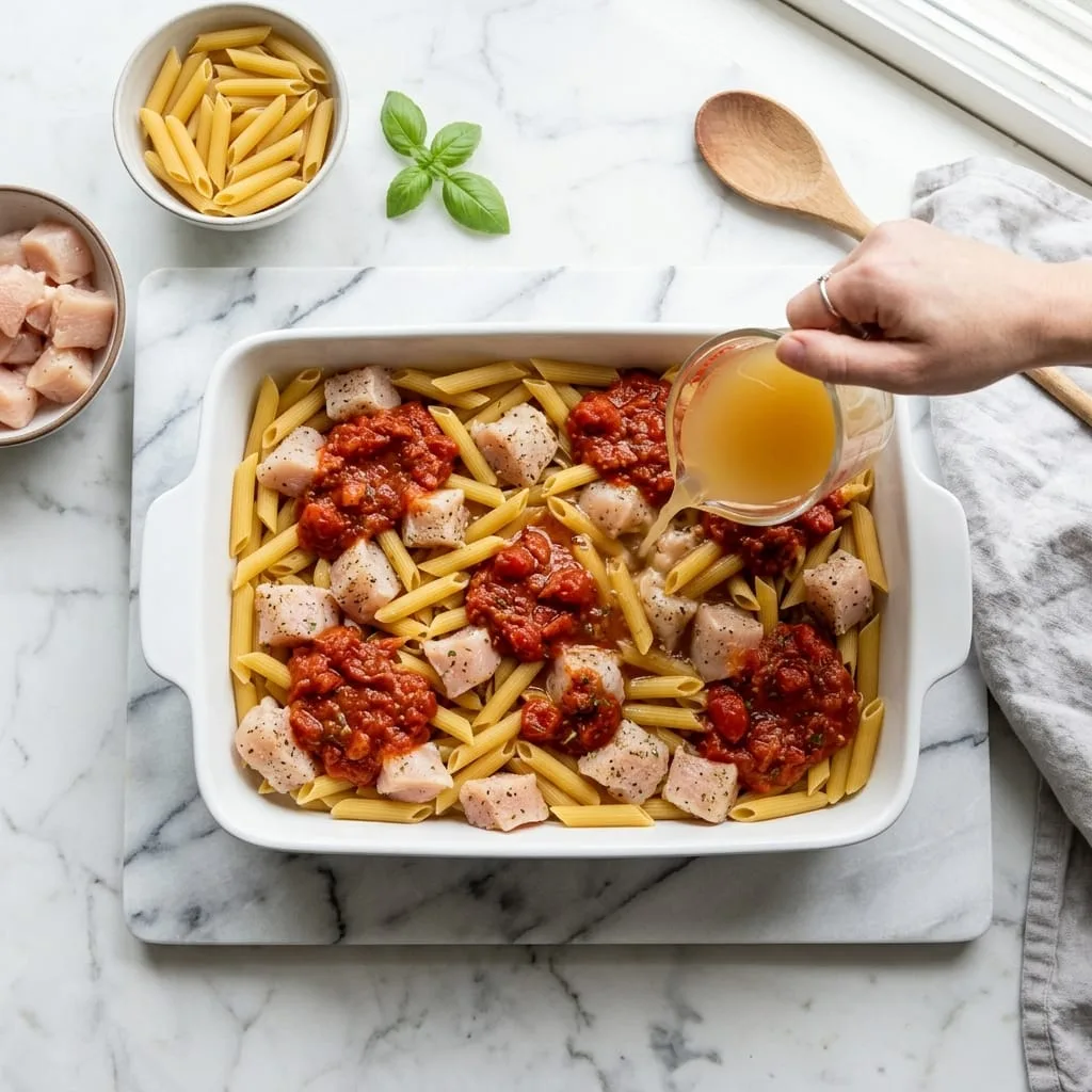 Dumping uncooked pasta, cubed chicken, and marinara sauce into baking dish