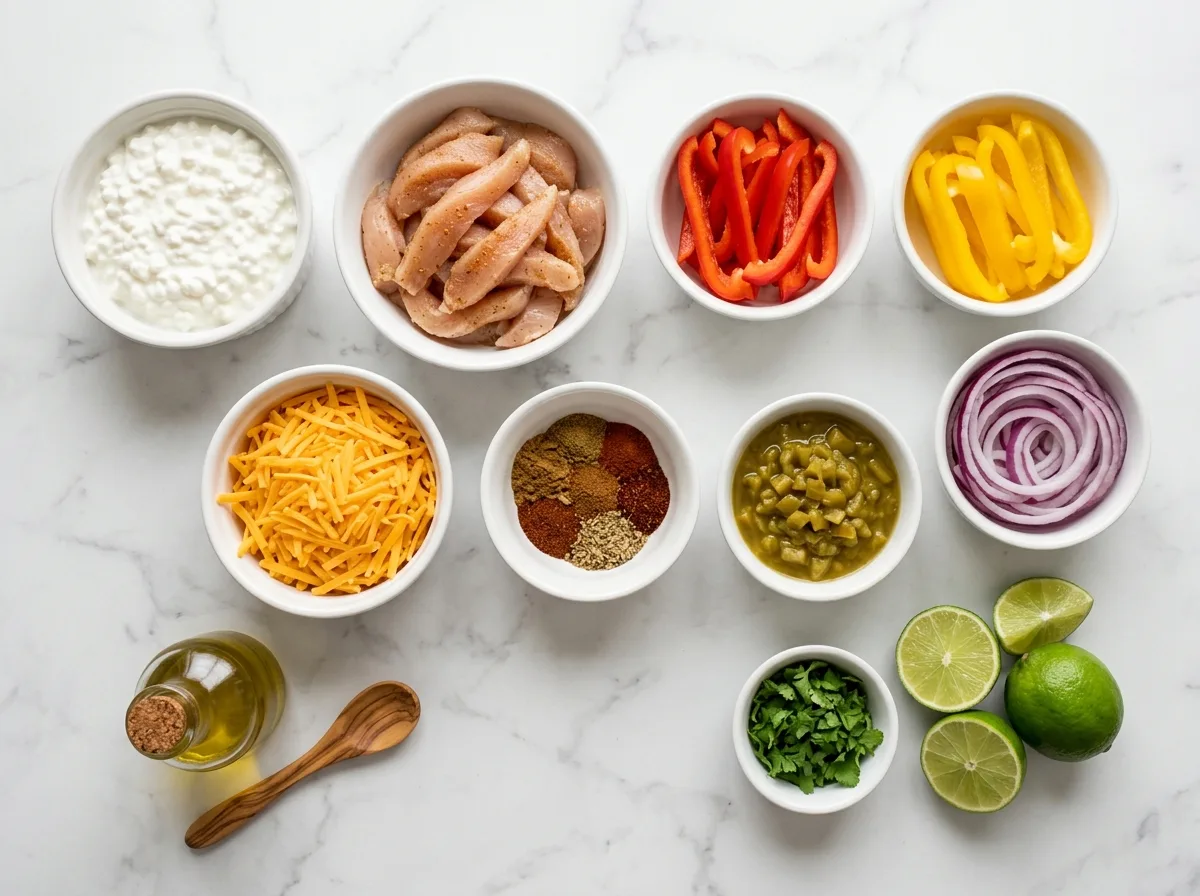 Fajita Cottage Bake ingredients laid out on white marble counter