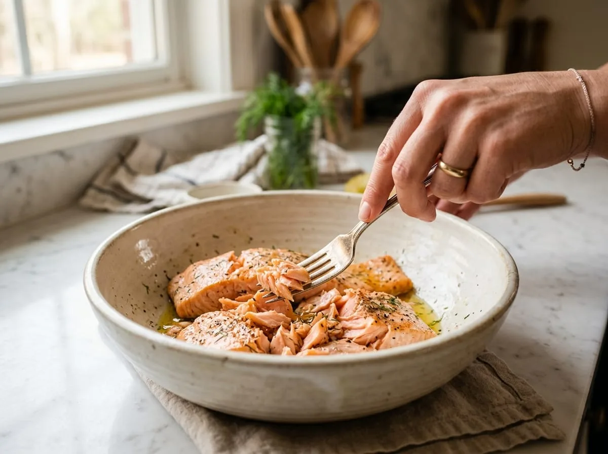 Flaking fresh salmon fillets in a bowl