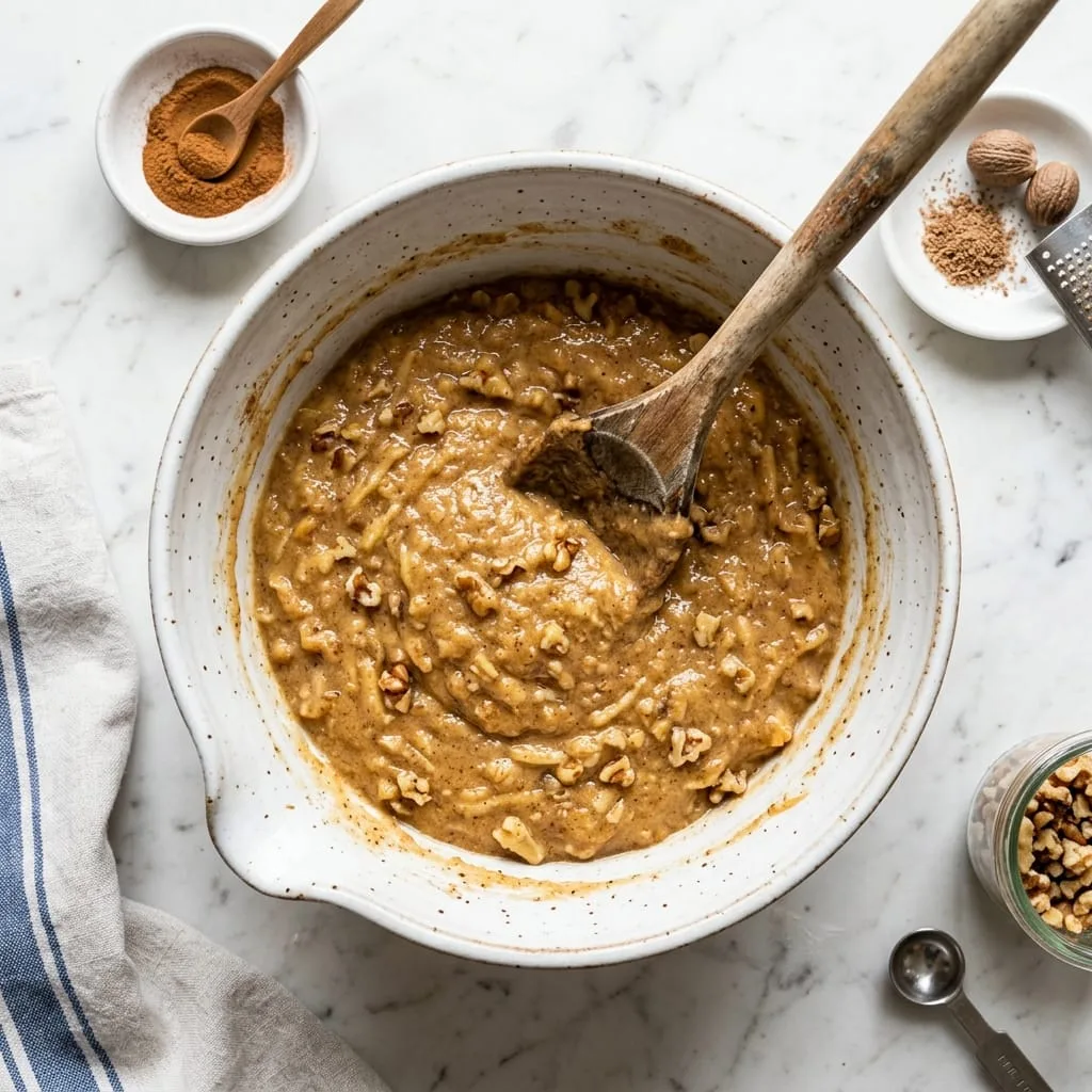 Folding flour, cinnamon, cloves, and chopped walnuts into applesauce cake batter