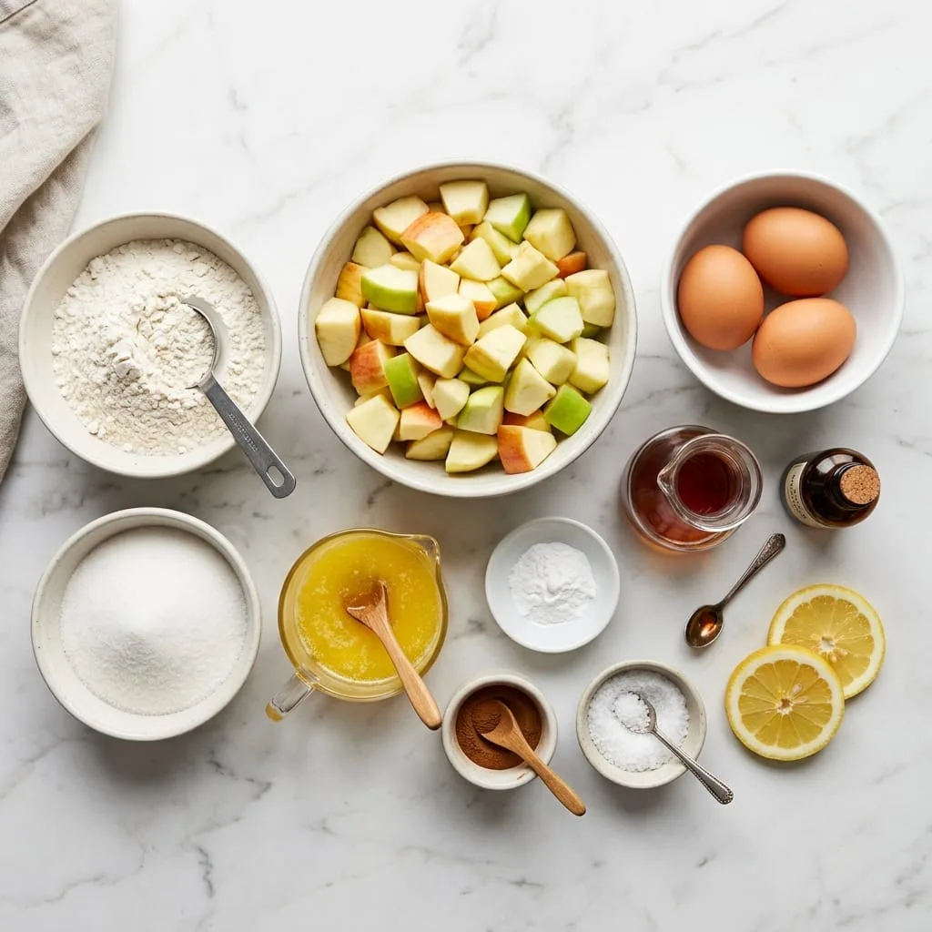 French apple cake ingredients laid out on white marble countertop