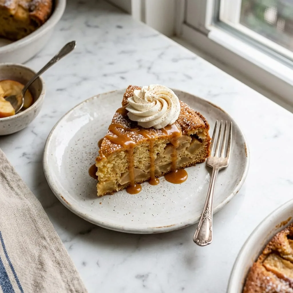Slice of French Apple Cake topped with caramel sauce and chantilly whipped cream