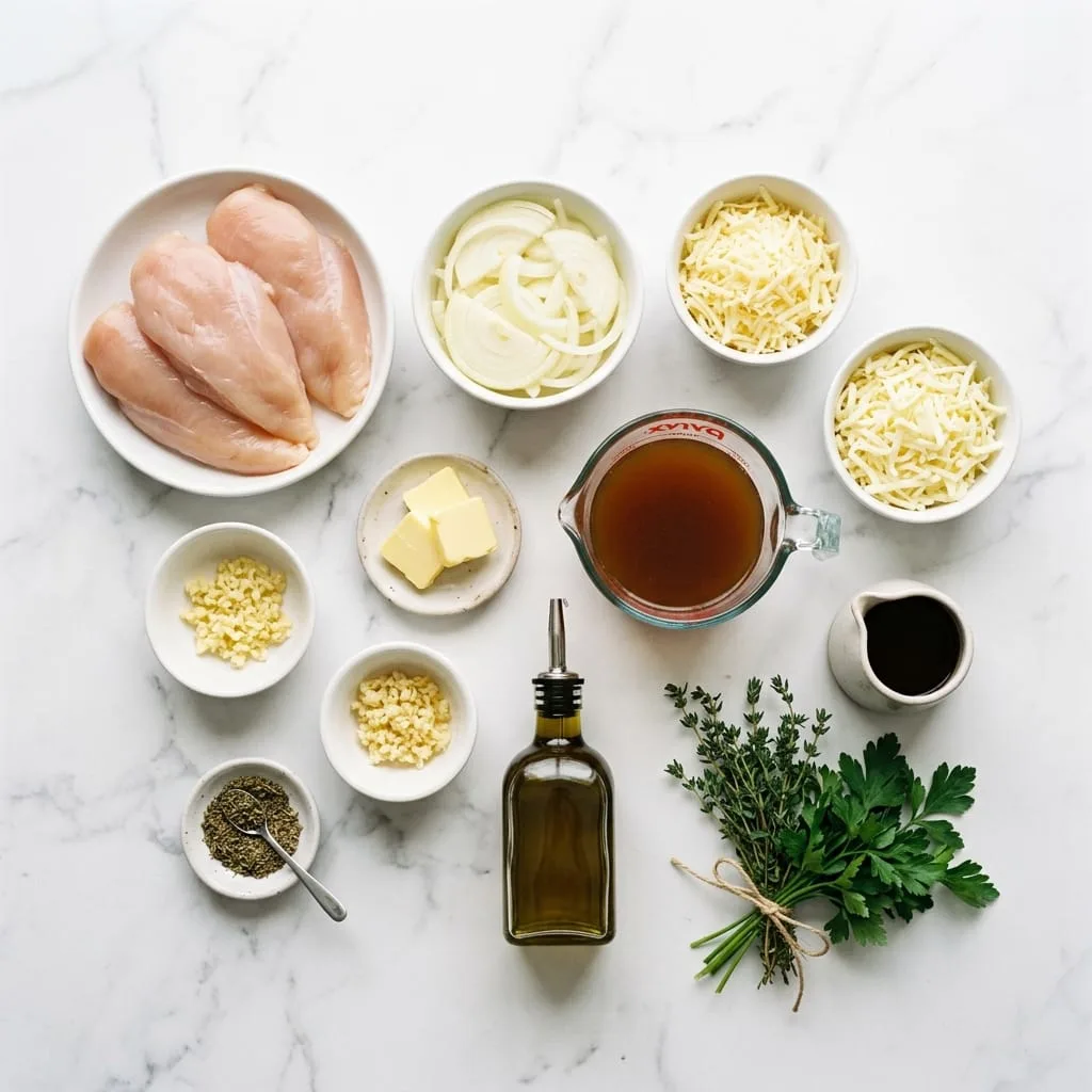 French onion chicken casserole ingredients laid out on white marble countertop
