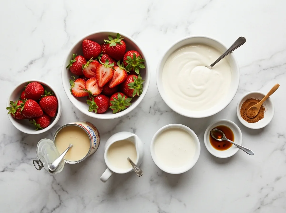 Fresas con Crema ingredients laid out on white marble counter