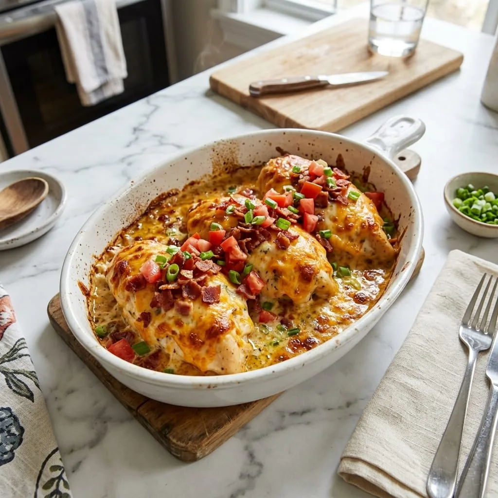 Freshly baked Crack Chicken with melted cheddar, bacon, and green scallions