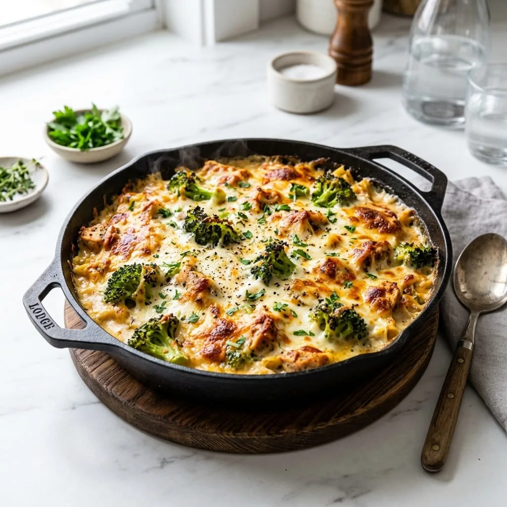 Freshly baked cheesy broccoli chicken casserole hot out of the oven