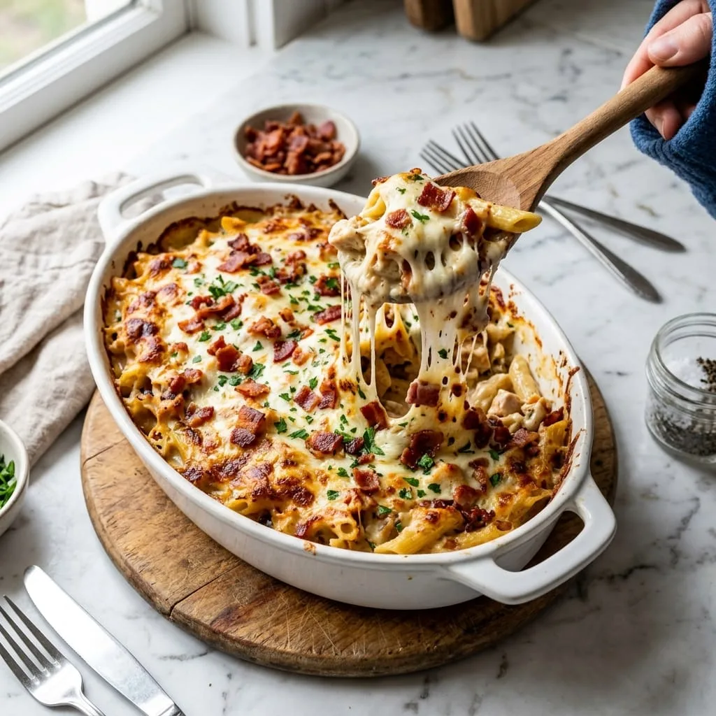 Freshly baked cheesy chicken bacon ranch pasta with stretchy cheese pull