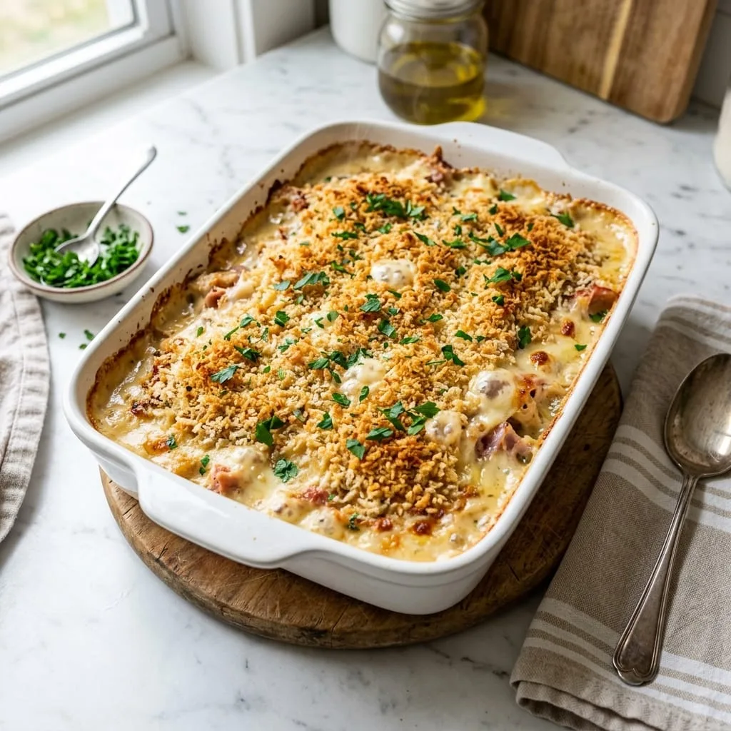 Freshly baked Chicken Cordon Bleu Casserole with bubbling cheese and crispy panko