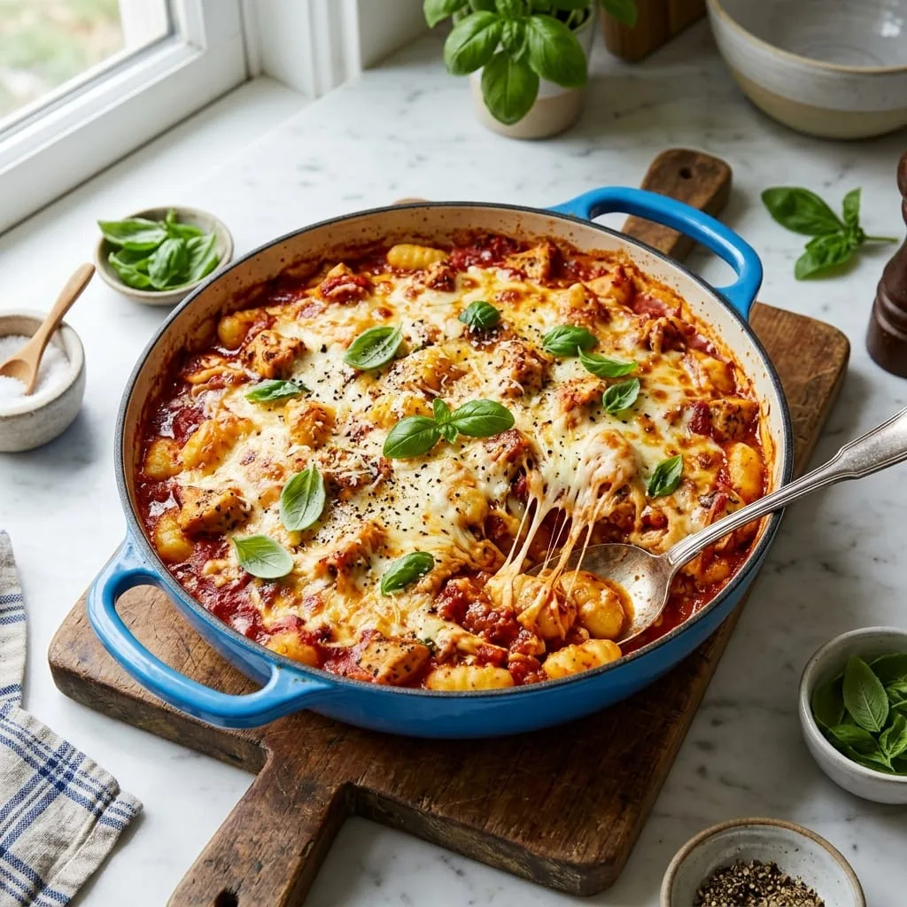 Freshly baked Chicken Gnocchi Bake with bubbling melted cheese and fresh basil