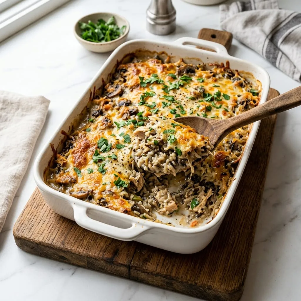 Freshly baked golden Chicken Wild Rice Casserole served in baking dish