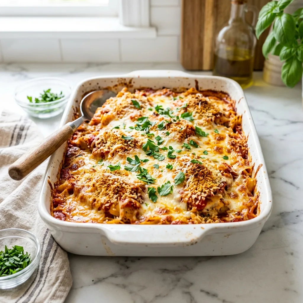 Baked chicken parmesan casserole fresh out of oven