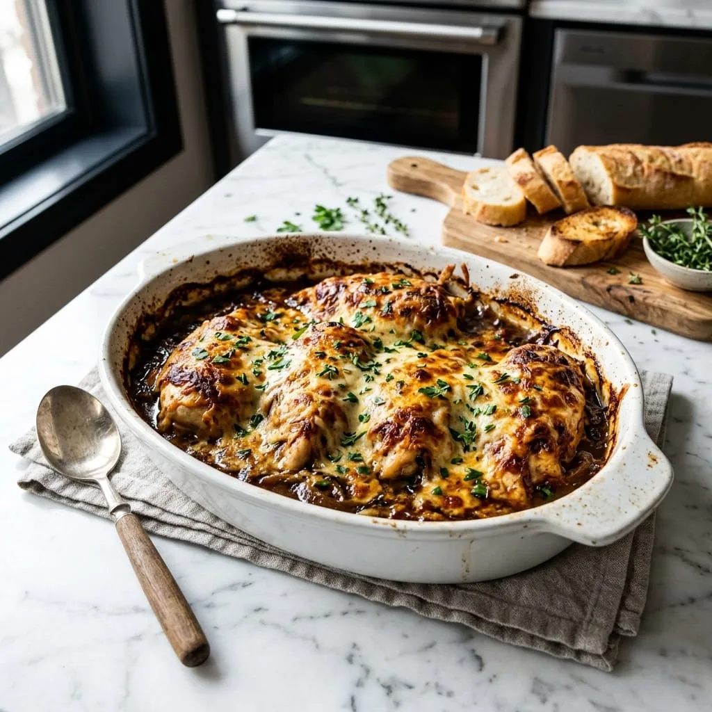 Freshly baked French onion chicken casserole with golden broiled cheese