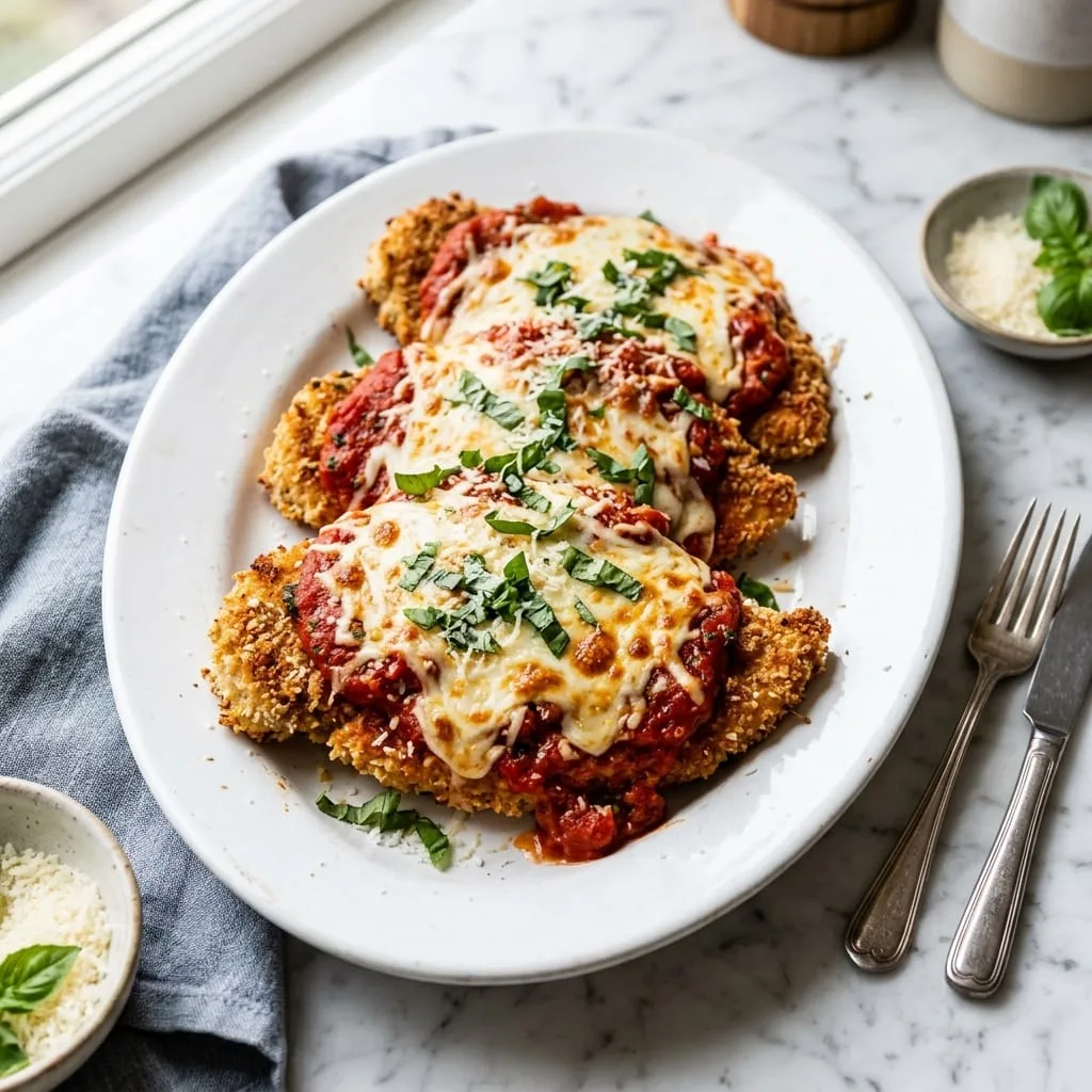 Freshly baked crispy keto chicken parmesan on platter