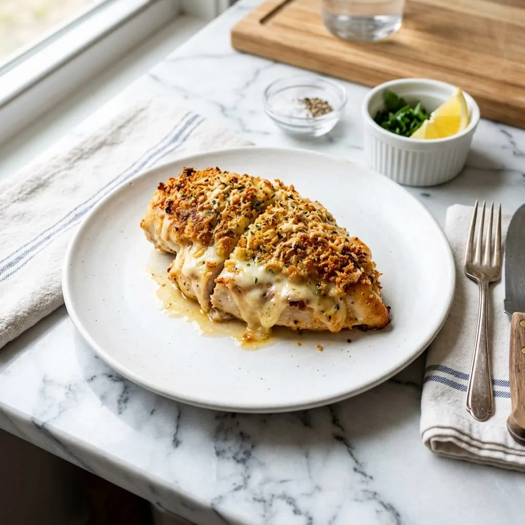 Freshly baked Longhorn parmesan crusted chicken on plate with melted cheese