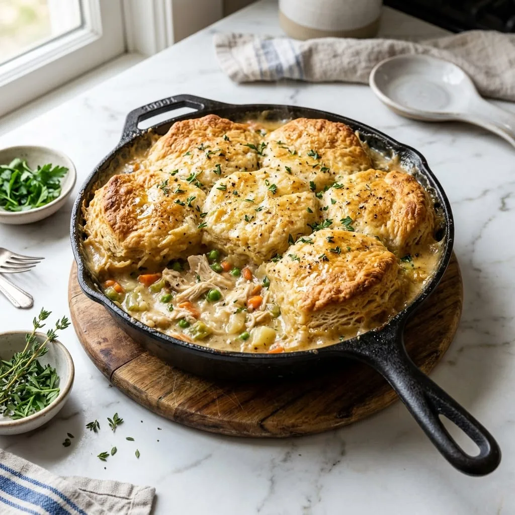 Freshly baked skillet chicken pot pie with golden flaky biscuits
