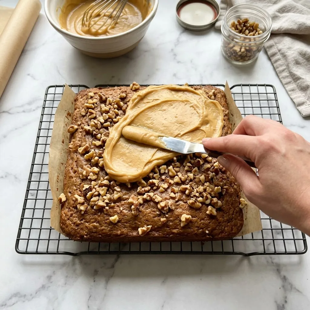Spreading caramel cream cheese frosting over baked square applesauce cake