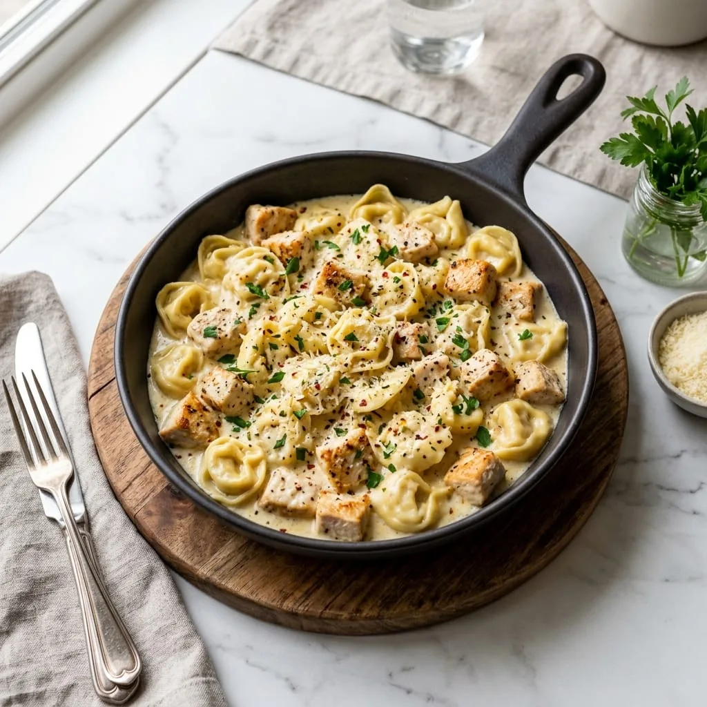 Garlic butter chicken alfredo tortellini finished with fresh parsley in skillet