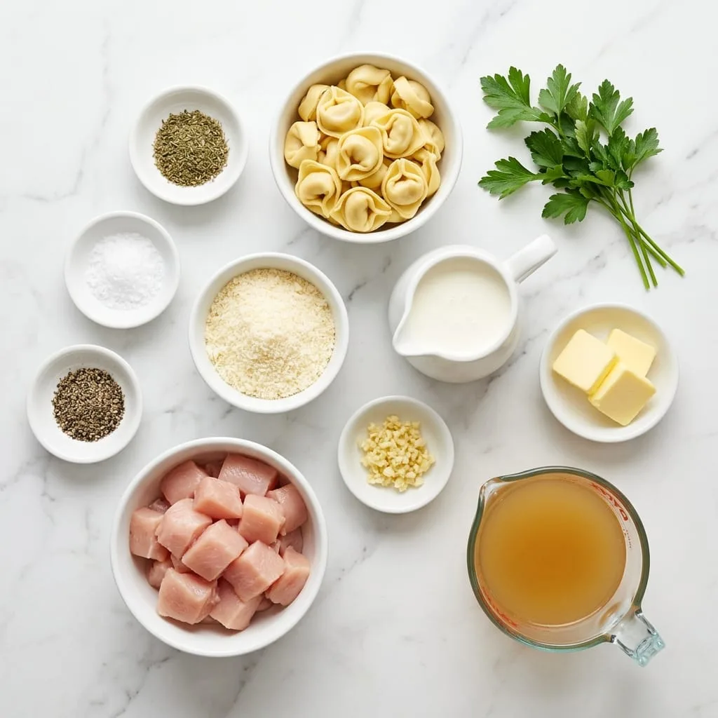 Garlic butter chicken alfredo tortellini ingredients laid out on white marble countertop
