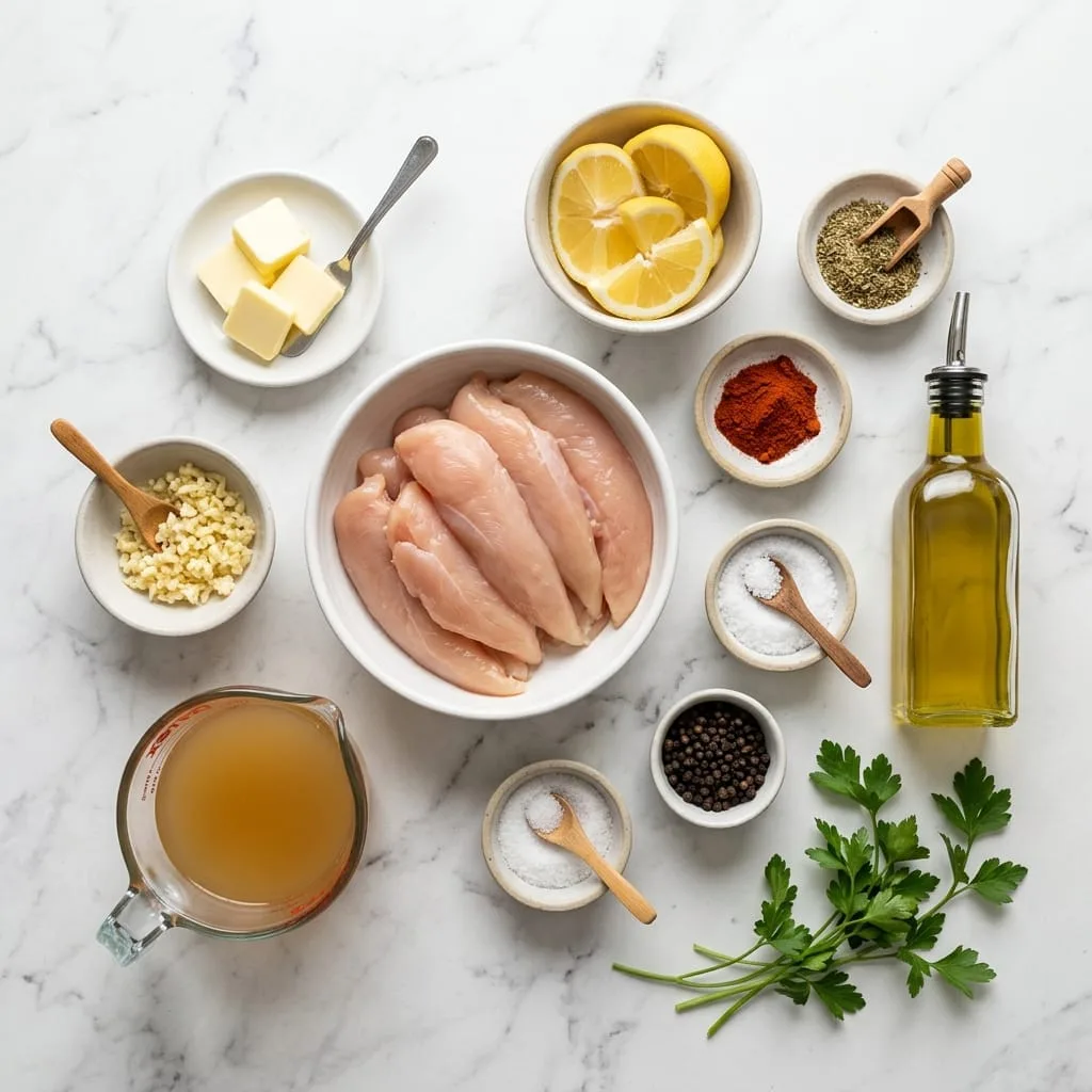 Garlic butter chicken tenders ingredients laid out on white marble countertop
