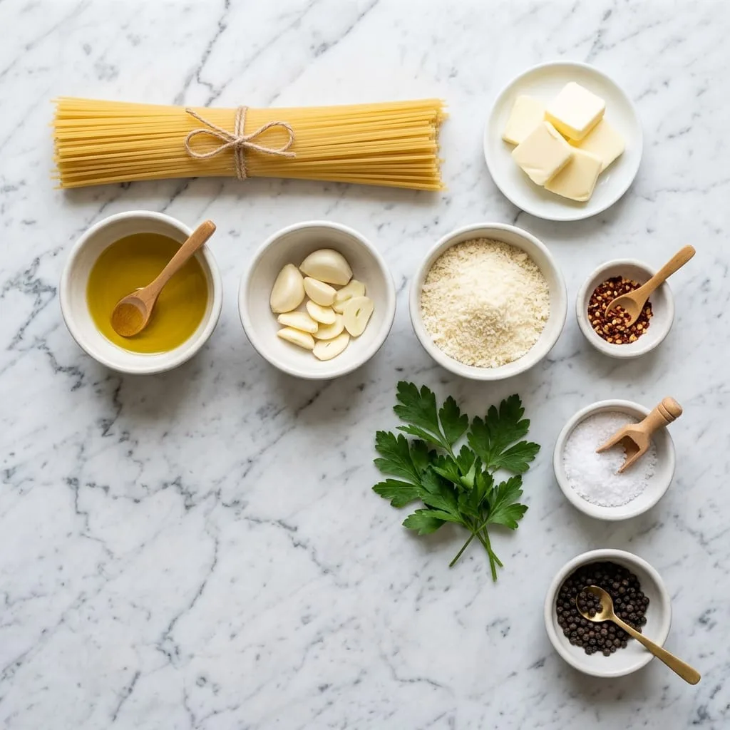 Garlic butter pasta ingredients laid out on white marble countertop