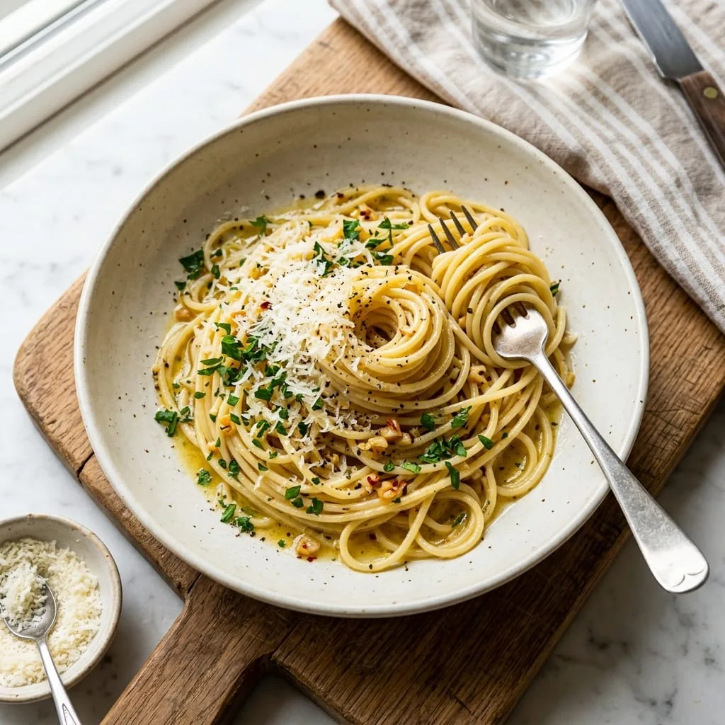 Glossy Garlic Butter Spaghetti served in ceramic bowl with parmesan and parsley