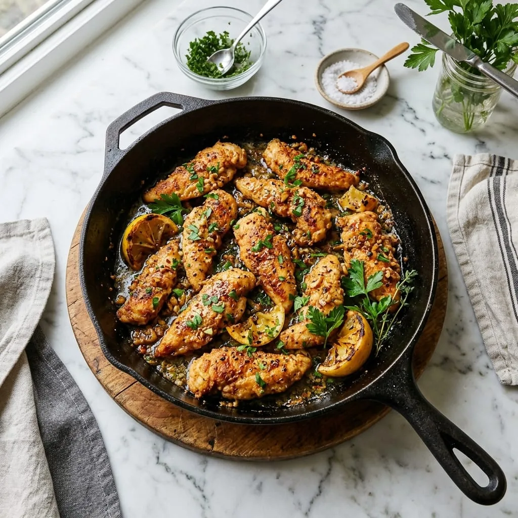 Finished garlic butter chicken tenders glistening with parsley in skillet