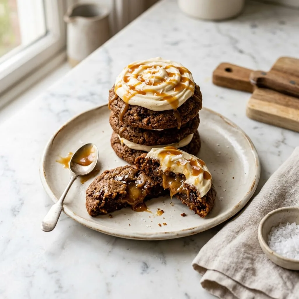 Stack of frosted Sticky Toffee Pudding Cookies showing molten caramel center