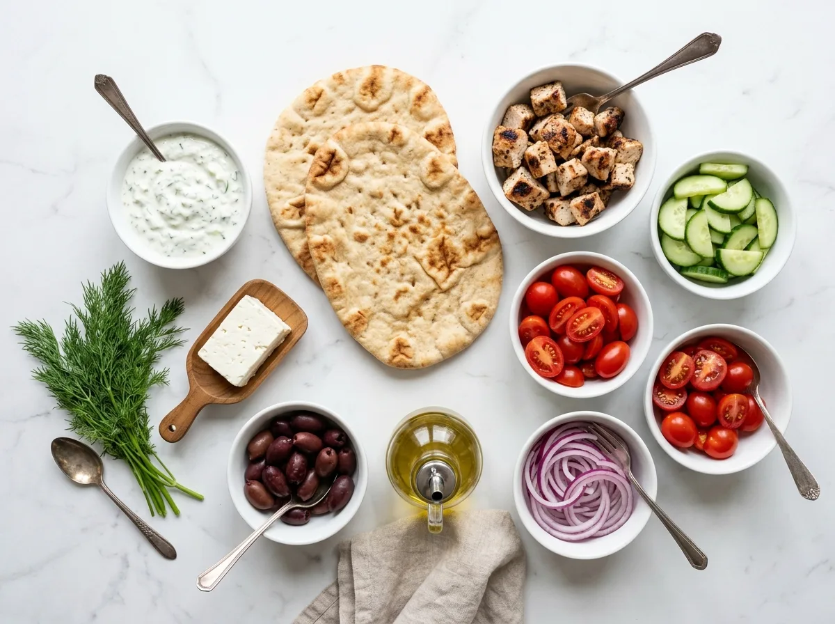 Greek Chicken Flatbread ingredients laid out on white marble counter