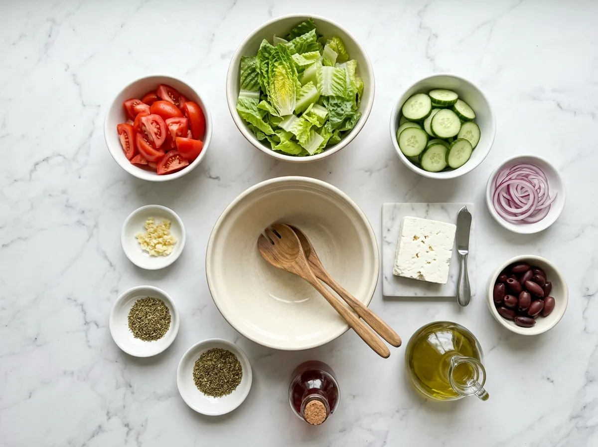 Greek Salad with Lettuce - A ful ingredients laid out on white marble counter