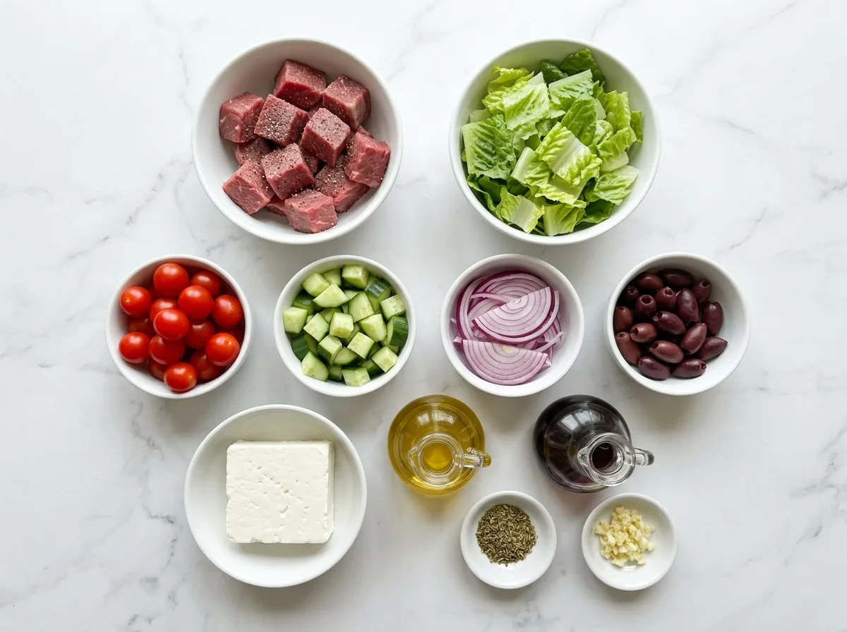 Greek Salad with Steak ingredients laid out on white marble counter
