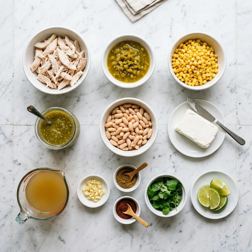 Green chile chicken enchilada soup ingredients laid out on white marble countertop