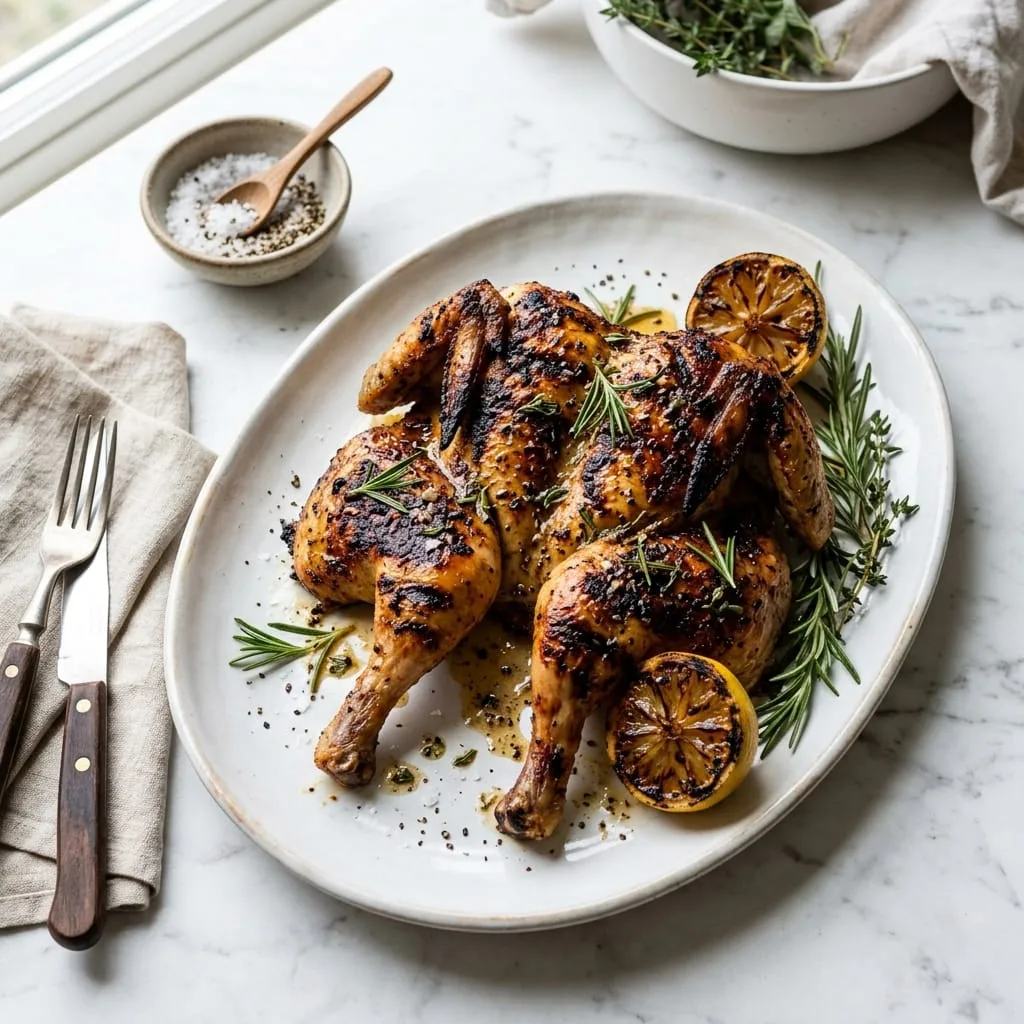 Platter of juicy Grilled Cornish Game Hen with charred lemons and rosemary
