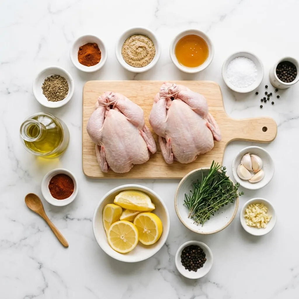Grilled Cornish hens ingredients laid out on white marble countertop