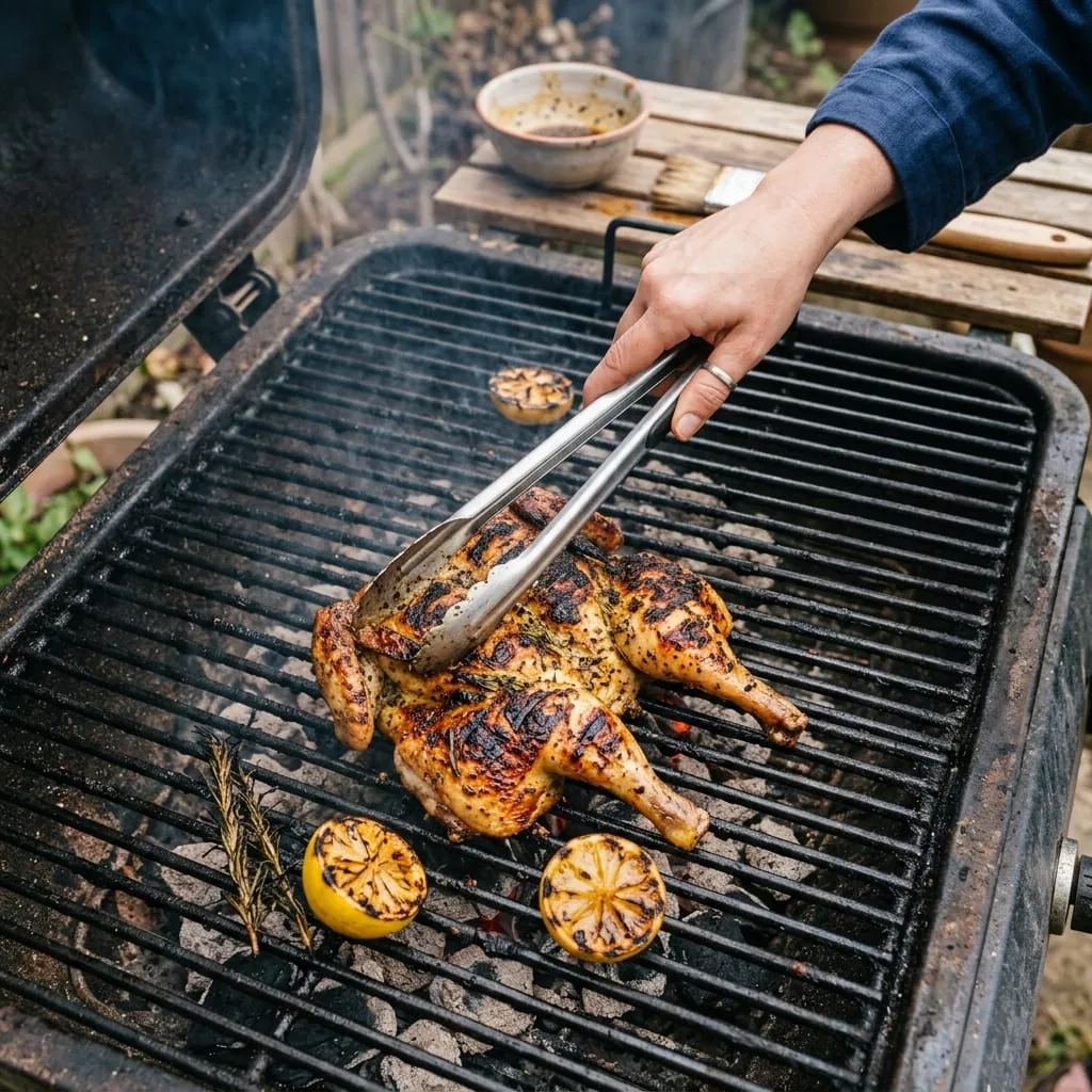 Flipping charred grilled Cornish game hen with tongs on outdoor grill